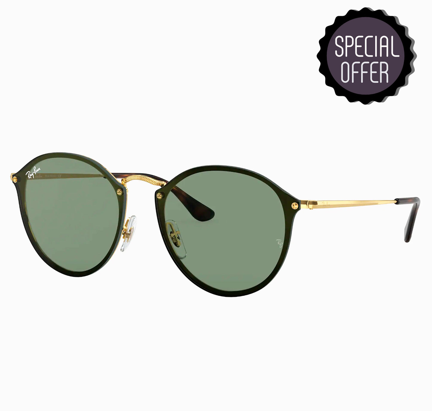 Ray-Ban Round Blaze RB3574N 001/71 Marco Dorado y Negro Lente Verde Gafas de Sol Unisex